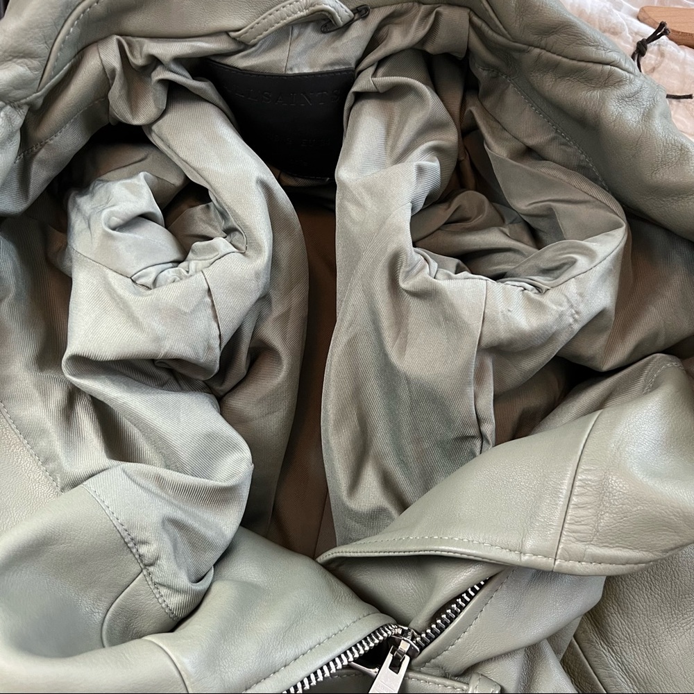 NEW ALL SAINTS Balfern Leather Biker Jacket In Sage Green, Size 2 - Picture 15 of 16